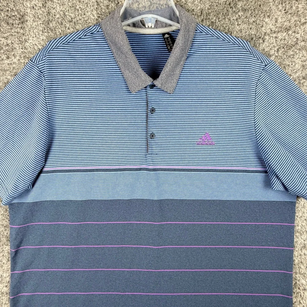 Adidas Men's 2XL Golf Polo Shirt Blue‎ Purple Striped Performance Athletic AJGA